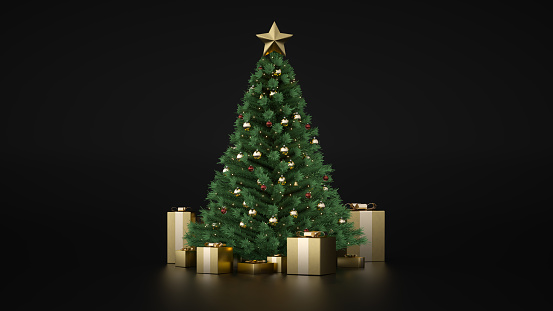 Amazing Christmas luxury tree with golden gift boxes. 3D render. Christmas tree flasher. Merry Christmas and Happy New Year. Xmas presents under the Christmas tree. Black. Decorative Pine spruce tree.