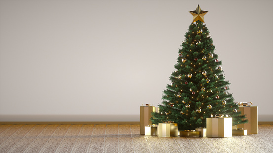 Amazing luxury Christmas tree with golden gift boxes. 3D render. Christmas tree flasher. Merry Christmas and Happy New Year. Xmas presents under the Christmas tree. Decorative Pine spruce tree.