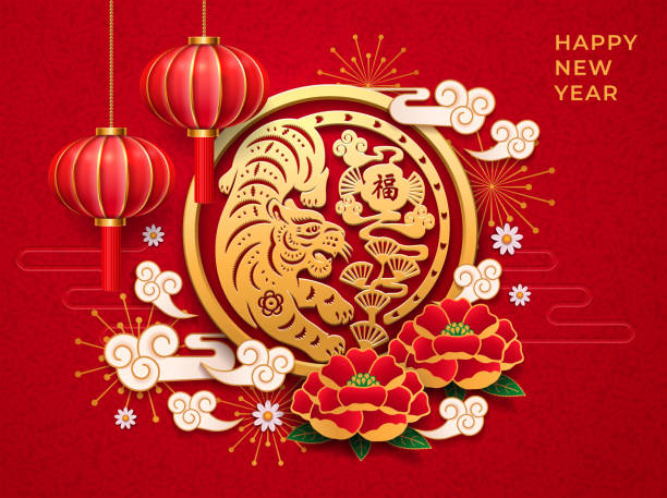 2022 Happy Chinese New Year greeting card, Character Fu text translation, lunar spring festival decorations. Vector tiger zodiac banner, 3d illustration with lanterns, clouds and lily lotus flowers 2022 Happy Chinese New Year greeting card, Character Fu text translation, lunar spring festival decorations. Vector tiger zodiac banner, 3d illustration with lanterns, clouds and lily lotus flowers tigers stock illustrations