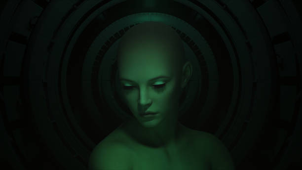 istock Futuristic Woman Female Humanoid Cyborg Android Green Screen Glow Sci Fi Halloween CG Character 1347267620