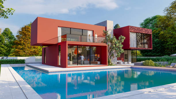 istock Big contemporary red villa with pool and garden 1347267749
