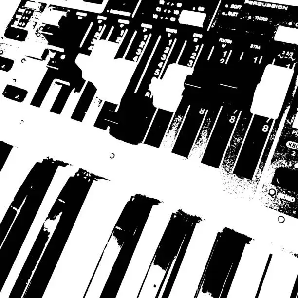 Vector illustration of Music Piano Synthesizer Grunge Texture. Black Dusty Scratchy Pattern. Abstract Grainy Background. Vector Design Artwork. Textured Effect. Crack.