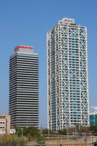 Skyscrapers view in Barcelona, Spain. Iconic duo: Hotel Arts and Torre Mapfre are the tallest skyscrapers in Barcelona.
