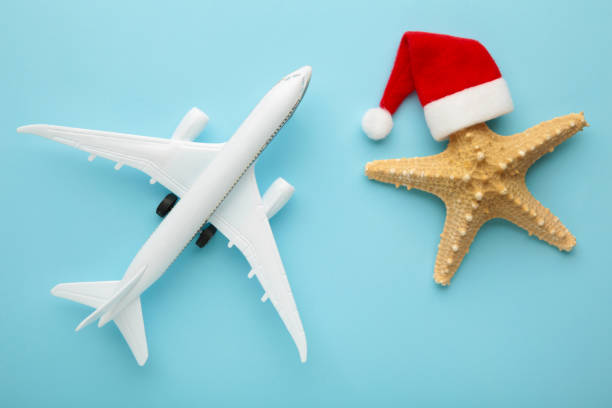 istock Santa Claus hat on starfish and white airplane on blue background. 1347271219