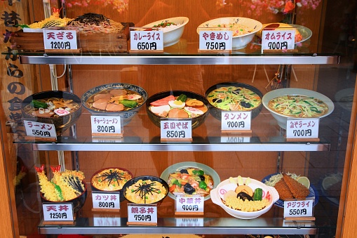 Plastic food display in Asakusa, Tokyo. Artificial food displays in restaurant windows are an important element of Japanese culture.