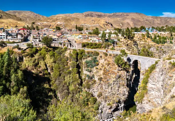 The Inca Bridge across the Colca River at Chivay in Peru