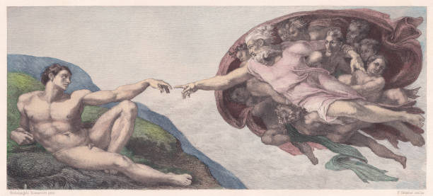 ilustrações de stock, clip art, desenhos animados e ícones de creation of adam by michelangelo, vatican, handcolored etching, published 1884 - michelangelo