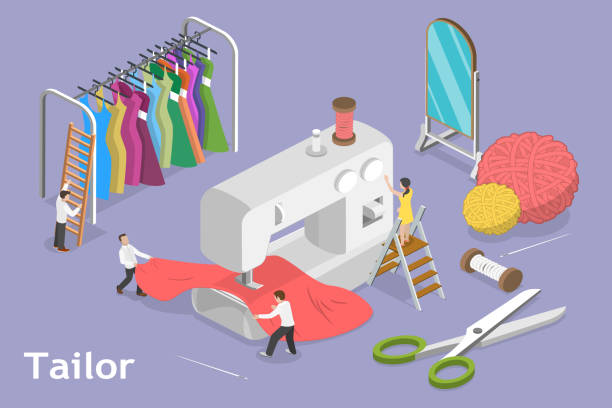 ilustrações de stock, clip art, desenhos animados e ícones de 3d isometric flat vector conceptual illustration of tailor textile craft business - factory garment sewing textile