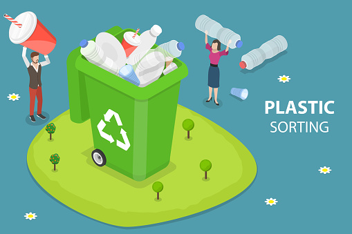 3D Isometric Flat Vector Conceptual Illustration of Plastic Garbage Collecting, Waste Segregation and Garbage Management