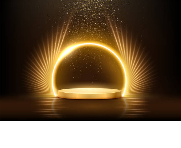 Gold podium for product presentation with neon glowing round frame, glitter confetti Gold podium for product presentation vector illustration. Abstract empty golden award platform with neon glowing round frame and rays, glitter confetti sparkle rain falling from above background podium stock illustrations