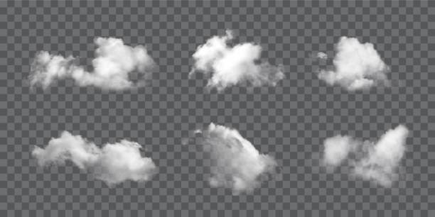 어두운 투명 한 배경에 설정 된 구름. 사실적인 푹신한 흰색 구름 벡터 일러스트레이션. 흐린 날 자연 야외. - clouds stock illustrations