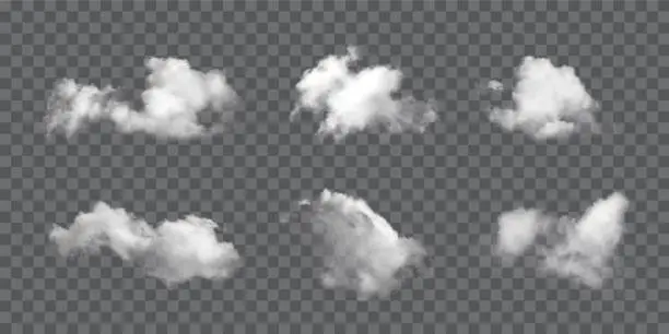 Vector illustration of Clouds set on dark transparent background. Realistic fluffy white clouds vector illustration. Cloudy day nature outdoor.