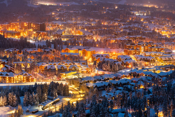 Breckenridge, Colorado, USA Town Winter Breckenridge, Colorado, USA town skyline in winter at dusk. tenmile range stock pictures, royalty-free photos & images