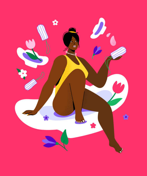 Feminine hygiene - colorful flat design style illustration Feminine hygiene - colorful flat design style illustration with a cartoon character. Strong independent beautiful African American woman sitting on a sanitary pad. Caring for health of women idea sanitary pad stock illustrations