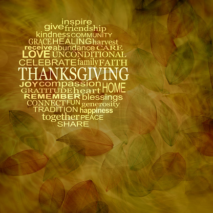 Words associated with  THANKSGIVING Word Circle Message Background -  golden skeleton leaf background with a round Thanksgiving word cloud on left side and copy space on right and below
