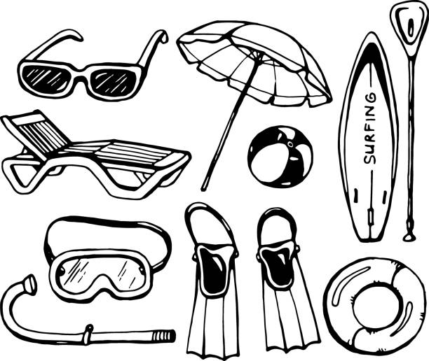 해변 장비 세트, 벡터 절연 - glasses sun sunlight summer stock illustrations