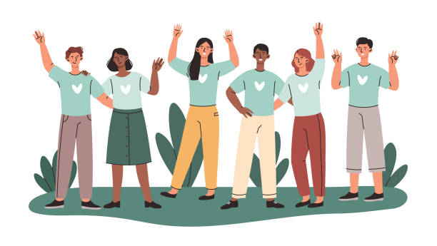 Group of volunteers Group of volunteers. Kind characters stand together, hug and wave their hands. Charity and donations. People help those in need. Cartoon flat vector illustration isolated on white background volunteer stock illustrations