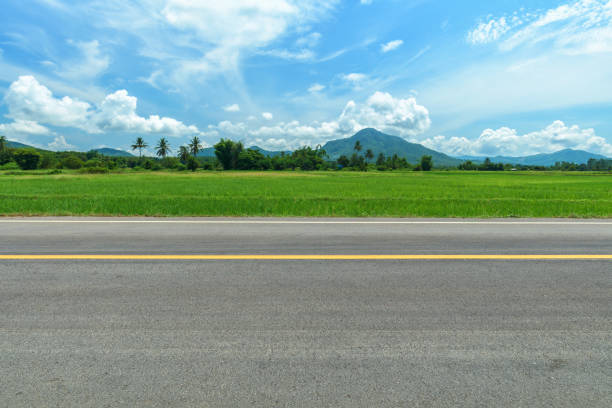 istock Side view of asphalt road with the meadow 1347280706