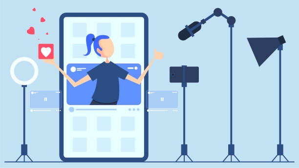 Vlog concept Woman that records video blog. influencer stock illustrations