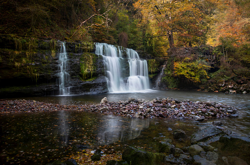 Panwar, or Sgwd y Pannwr on the lower Clun-Gwyn waterfall on the Mellte river, near Pontneddfechan in South Wales, UK.