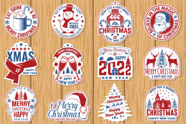 Set of Merry Christmas and 2022 Happy New Year stamp, sticker Set quotes with snowflakes, snowman, santa claus, candy, sweet candy, cookies. Vector Vintage typography design for xmas, new year emblem. vector art illustration