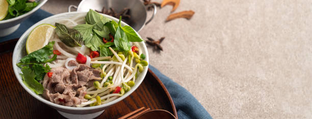 Delicious vietnamese beef noodles pho with ingredients.