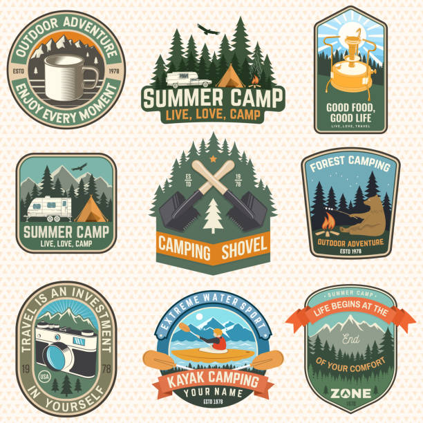Set of Summer camp patches. Vector illustration. Concept for shirt or logo, print, stamp, badges or tee. Design with kayak, camping tent, primus, mug, campfire, mountains and forest silhouette. vector art illustration