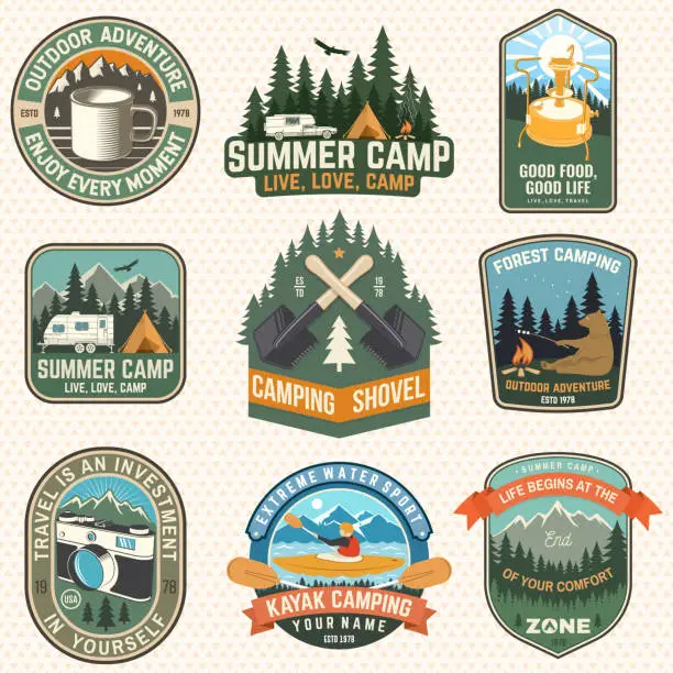 Vector illustration of Set of Summer camp patches. Vector illustration. Concept for shirt or logo, print, stamp, badges or tee. Design with kayak, camping tent, primus, mug, campfire, mountains and forest silhouette.