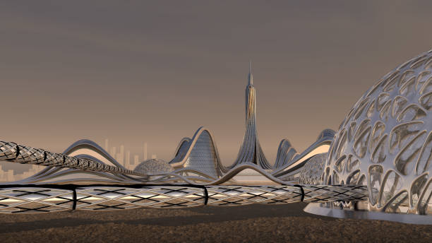 Futuristic city skyline with metallic architecture stock photo
