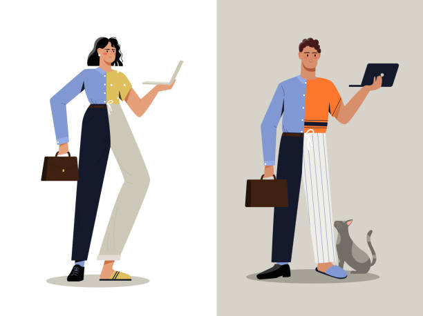 Hybrid work concept Hybrid work concept. Man and woman in business suit and pajamas work in office and at home. Remote or full time employee. Cartoon colorful flat vector collection isolated on white background pajamas illustrations stock illustrations