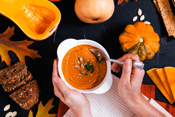 istock Pumpkin foods flat lay background. 1347294236
