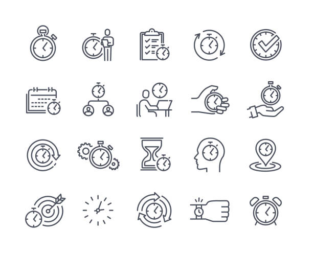 Clock icons collection Clock icons collection. Minimalistic stickers with alarm clock, deadline, working time and pastime. Metaphor for time management. Cartoon flat vector set of illustrations isolated on white background bendable stock illustrations