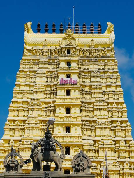 Ramanathaswamy temple tower in Rameshwaram, Tamilnadu, India. Ancient temple tower against blue sky background. tamil nadu stock pictures, royalty-free photos & images