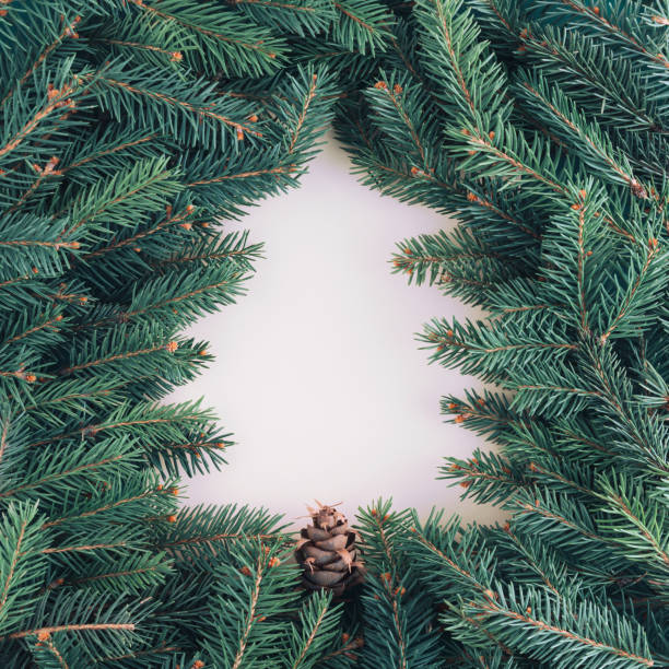 istock 2022 Minimal New Year background with beige Christmas tree shaped negative space and green fir branches around them. Natural winter holiday pattern. Greeting or invitation card idea. Minimal flat lay. 1347295318