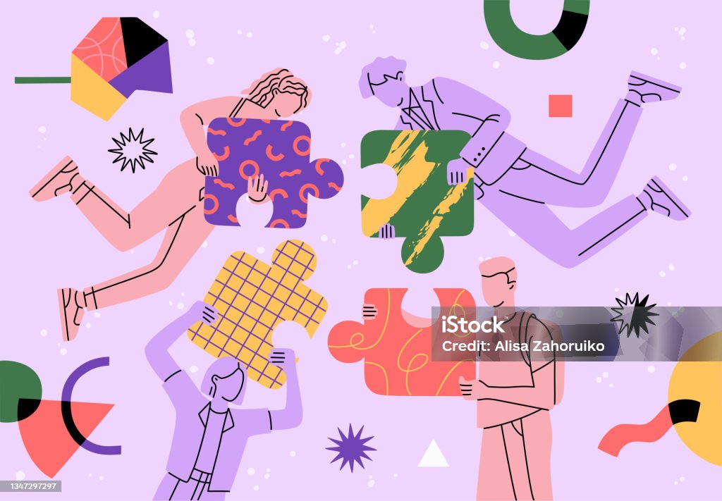 People group flying in abstract space and connecting big puzzle elements People group flying in abstract space and connecting big puzzle elements. Team building concept. Teamwork, partnership and cooperation. Hand drawn vector illustration. Modern flat cartoon style. Teamwork stock vector