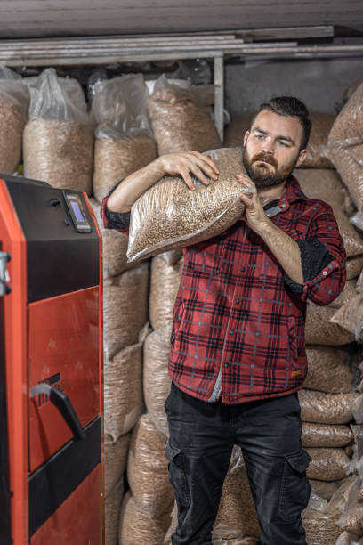 istock The man loads the pellets in the solid fuel boiler, working with biofuels. 1347297469