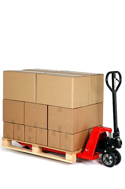 istock Red pallet truck fully loaded with plain pasteboard boxes 134729831