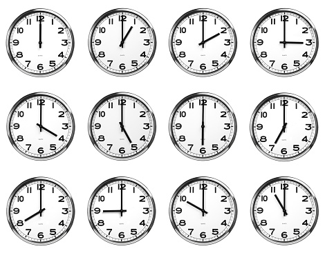 Antique clock face pointing at three o'clock isolated against white background