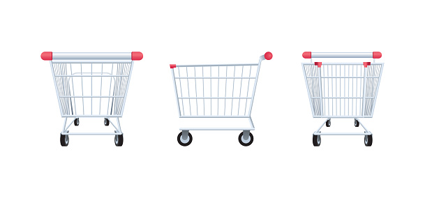 Shopping cart rear, side and front view, isolated on white background, vector illustration