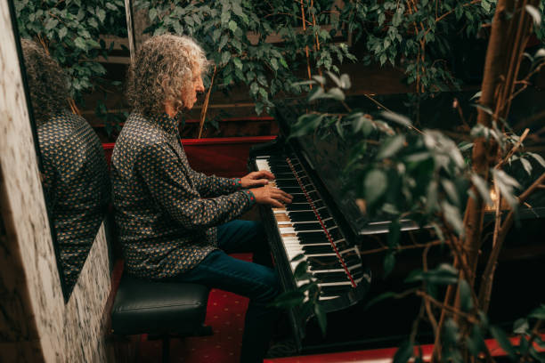 hombre, edad 60 - 65 años, cabello gris rizado, sentado al piano y tocando pieza de música, enfocado, vista lateral - senior adult 60 65 years people occupation fotografías e imágenes de stock