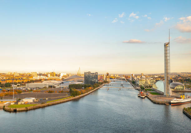 Glasgow - River Clyde aerial view An aerial view over the Scottish city of Glasgow, looking eastwards up the River Clyde. clyde river stock pictures, royalty-free photos & images