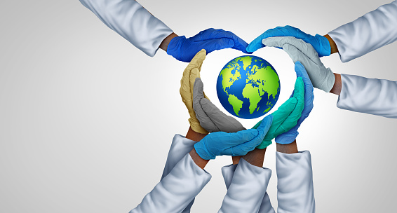 Global Medical teamwork and international medicine or world doctors unity and united health care partnership as doctor hands in a group of diverse medics connected together shaped as a heart symbol in a 3D illustration style.