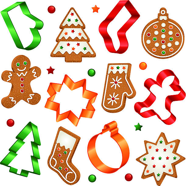 Assorted gingerbread cookies and they're cutters Collection of Christmas gingerbread cookies and Christmas cookie cutters gingerbread man cookie cutter stock illustrations