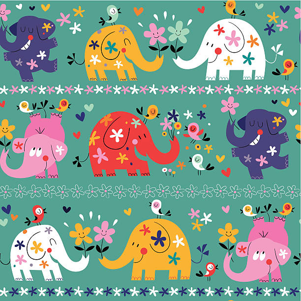 ilustraciones, imágenes clip art, dibujos animados e iconos de stock de linda elefantes patrón - asian ethnicity pattern textile seamless