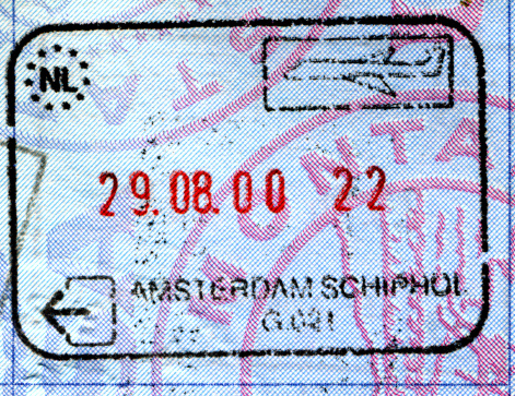 Passport stamp for The Netherlands from the airport in Amsterdam.
