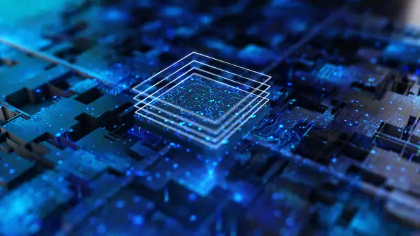 Photo of processor chip, tech environment, blockchain concept