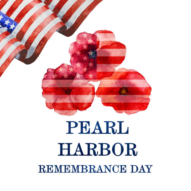 Pearl Harbor Remembrance Day. Greeting inscription on the background of the American Flag. Closeup, no people. National holiday concept. Congratulations for family, relatives, friends and colleagues
