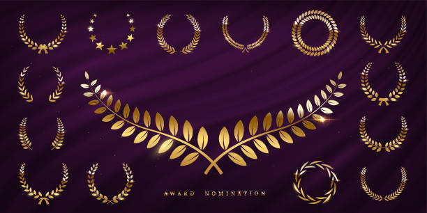 Award prize set, gold laurel wreath and stars on purple curtain, winner nomination emblem Award prize set, gold laurel wreath and stars on purple curtain vector illustration. Golden winner nomination emblem, festival ceremony luxury invitation design on satin fabric silk background nomination stock illustrations