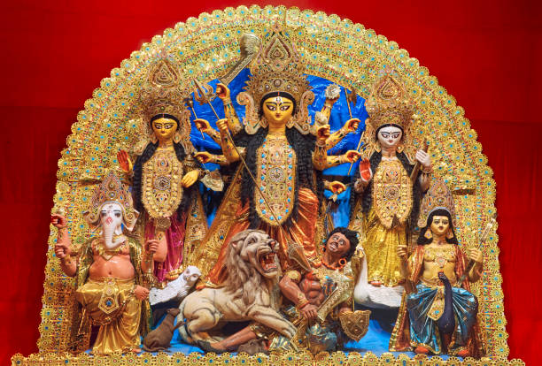 Idol of Goddess Durga inside a puja pandal during Durga puja