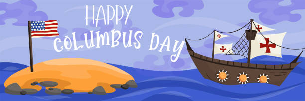 Banner happy columbus day historical event.Background with a sailboat and an island with the flag of america. Ship red crosses. Vector illustration Banner happy columbus day historical event.Background with a sailboat and an island with the flag of america. Ship red crosses. Vector illustration. columbus ohio sign stock illustrations